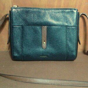 FOSSIL Gemma Black Pebbled Leather Brown Strap Crossbody Bag